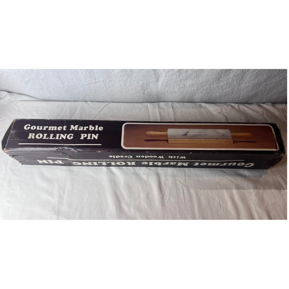 Gourmet Marble Rolling Pin with Wooden Handles and Cradle White Grey Veined 18in